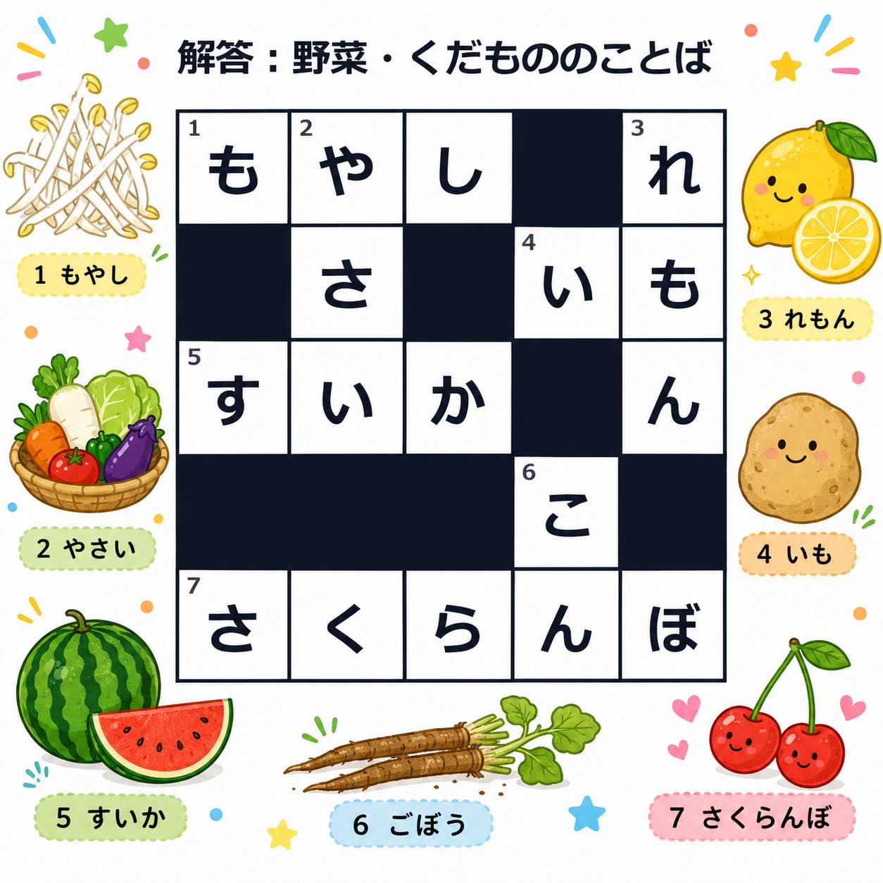 野菜とくだものをテーマにしたクロスワードパズル制作サンプル
