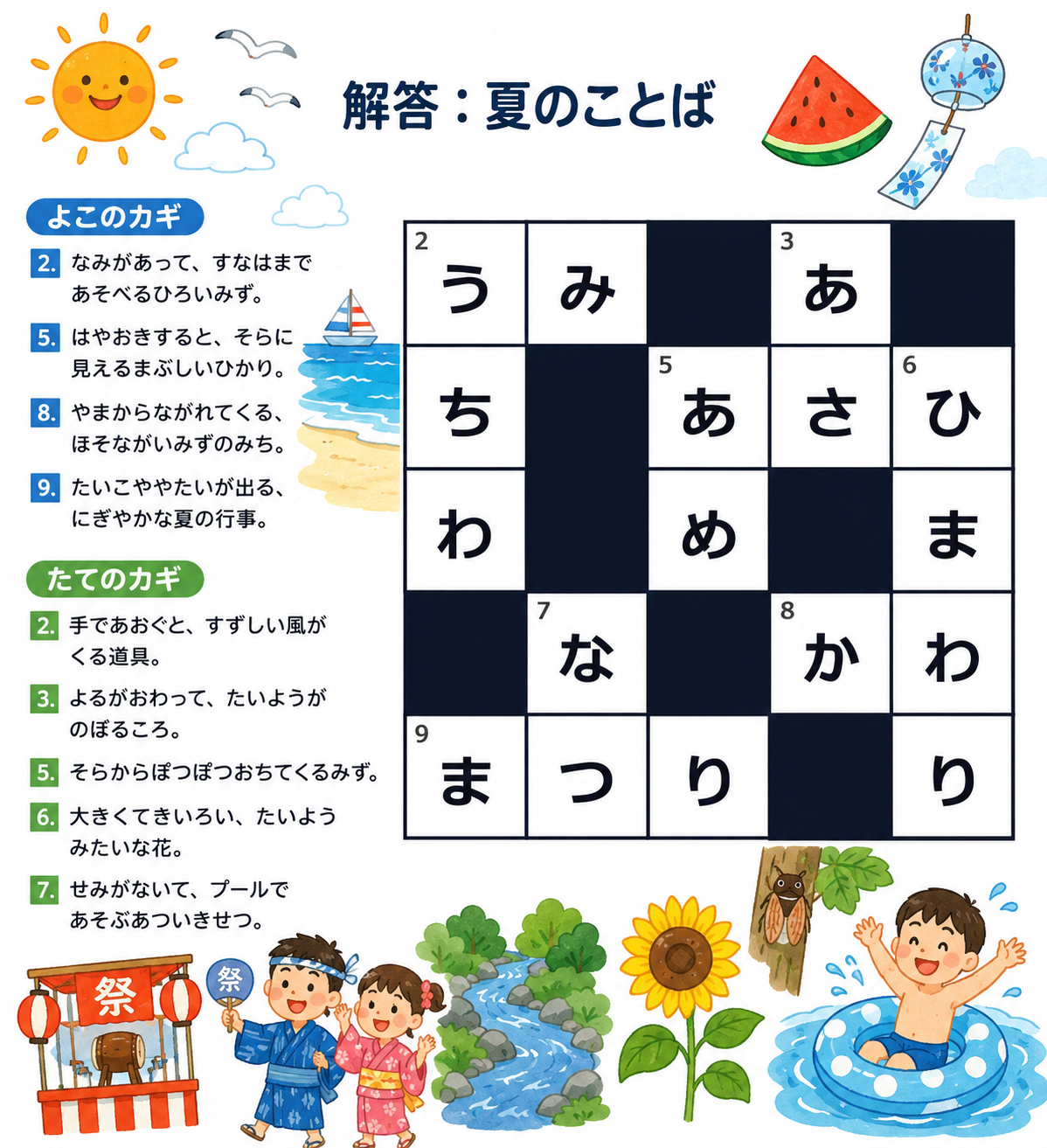 夏のことばをテーマにしたクロスワードパズル制作サンプル